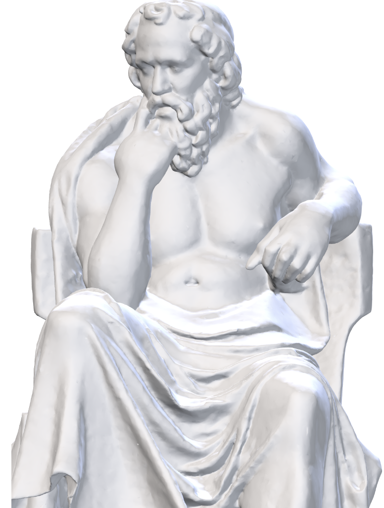 Pondering Socrates Statue with digital matrix overlay representing memory retrieval